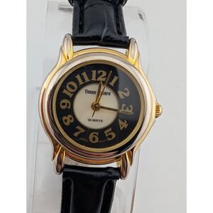 Vintage Times Square Watch Women 26mm Gold Case Black Leather Band- New‎ Battery